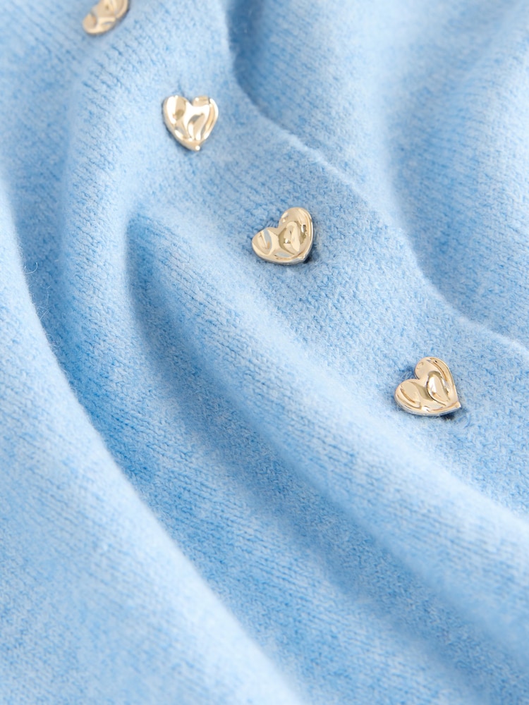 Light Blue Heart Button Slim Super Soft Crew Neck Cardigan with Wool - Image 2 of 4 Light Blue Heart Button Slim Super Soft Crew Neck Cardigan with Wool - Image 2 of 4