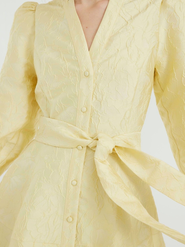 River Island Yellow Belted Jacquard Mini Dress - Image 4 of 6