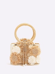 River Island Brown Raffia Flower Print Basket Bag - Image 1 of 5