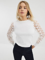 River Island White Hybrid Lace Sleeve Jumper - Image 1 of 4