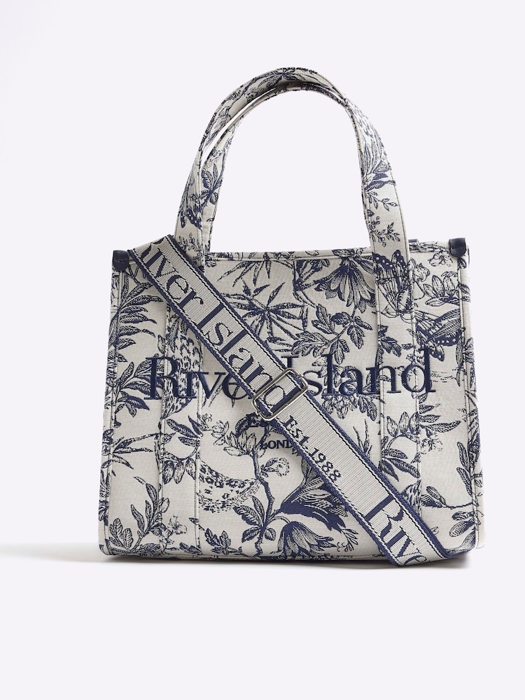 River Island Blue Med Floral Print Jacquard Tote Bag - Image 2 of 5 River Island Blue Med Floral Print Jacquard Tote Bag - Image 2 of 5