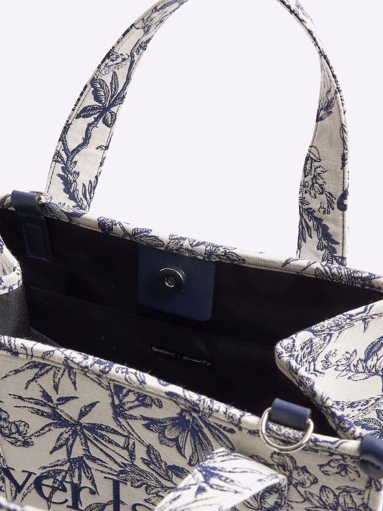 River Island Blue Med Floral Print Jacquard Tote Bag - Image 5 of 5