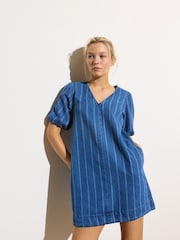 Oliver Bonas Blue Mini Denim Striped V-Neck Short Sleeve 100% Cotton Dress - Image 1 of 7