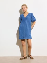 Oliver Bonas Blue Mini Denim Striped V-Neck Short Sleeve 100% Cotton Dress - Image 2 of 7