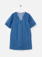 Oliver Bonas Blue Mini Denim Striped V-Neck Short Sleeve 100% Cotton Dress - Image 3 of 7
