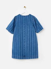 Oliver Bonas Blue Mini Denim Striped V-Neck Short Sleeve 100% Cotton Dress - Image 4 of 7