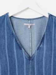 Oliver Bonas Blue Mini Denim Striped V-Neck Short Sleeve 100% Cotton Dress - Image 5 of 7