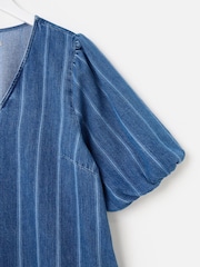 Oliver Bonas Blue Mini Denim Striped V-Neck Short Sleeve 100% Cotton Dress - Image 6 of 7