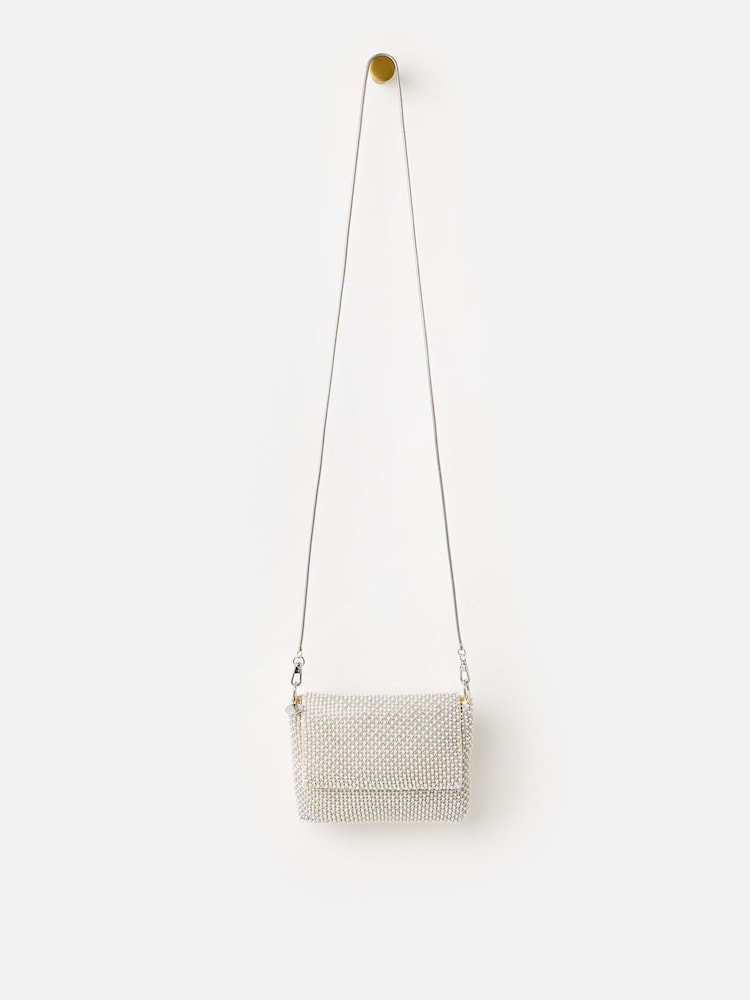 Oliver Bonas Cream Jodie Gem and Pearl Chain Mail Clutch Bag - Image 1 of 7