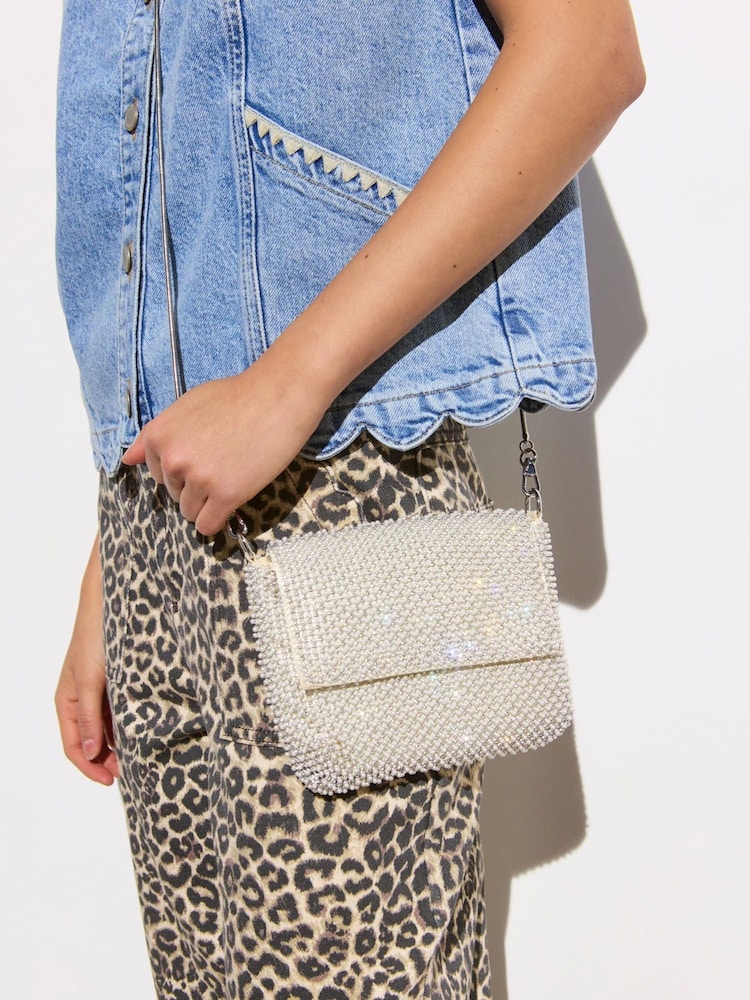 Oliver Bonas Cream Jodie Gem and Pearl Chain Mail Clutch Bag - Image 7 of 7