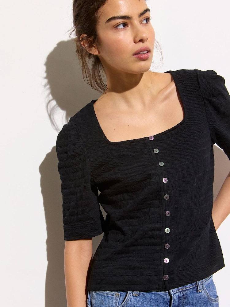Oliver Bonas Black Textured Button Through Square Neck Top - Image 1 of 7 Oliver Bonas Black Textured Button Through Square Neck Top - Image 1 of 7