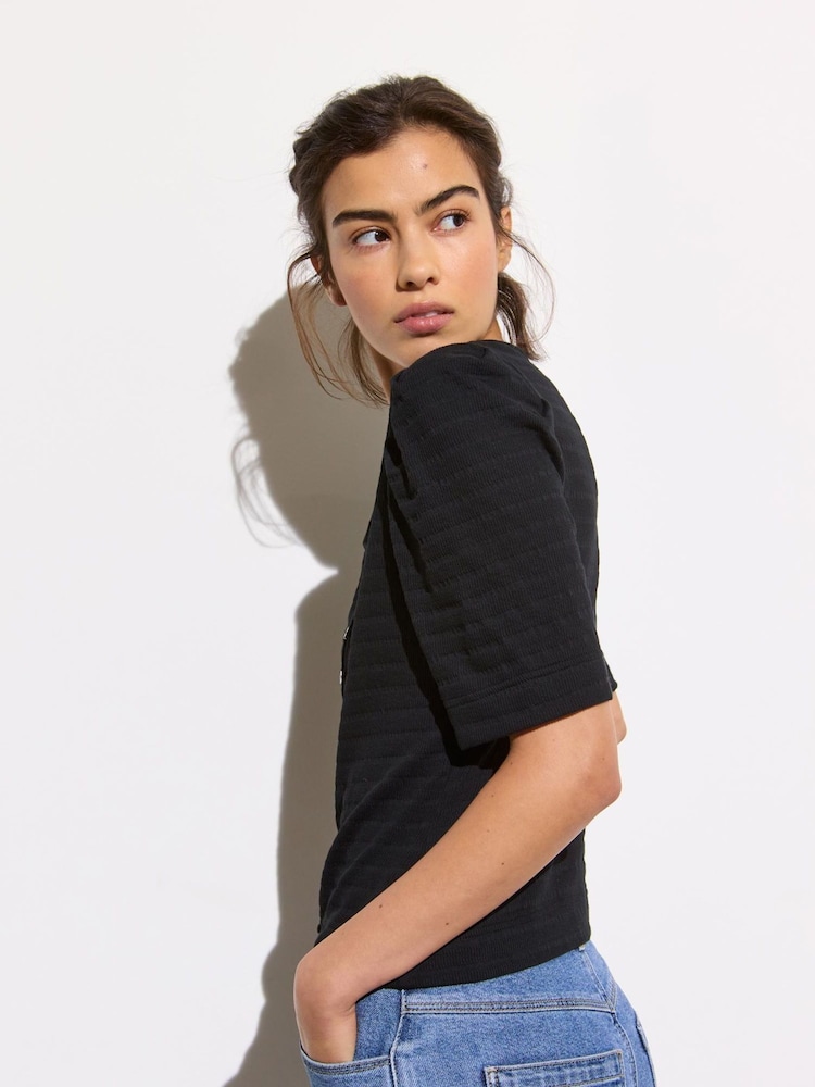 Oliver Bonas Black Textured Button Through Square Neck Top - Image 2 of 7 Oliver Bonas Black Textured Button Through Square Neck Top - Image 2 of 7