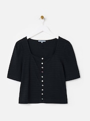 Oliver Bonas Black Textured Button Through Square Neck Top - Image 3 of 7
