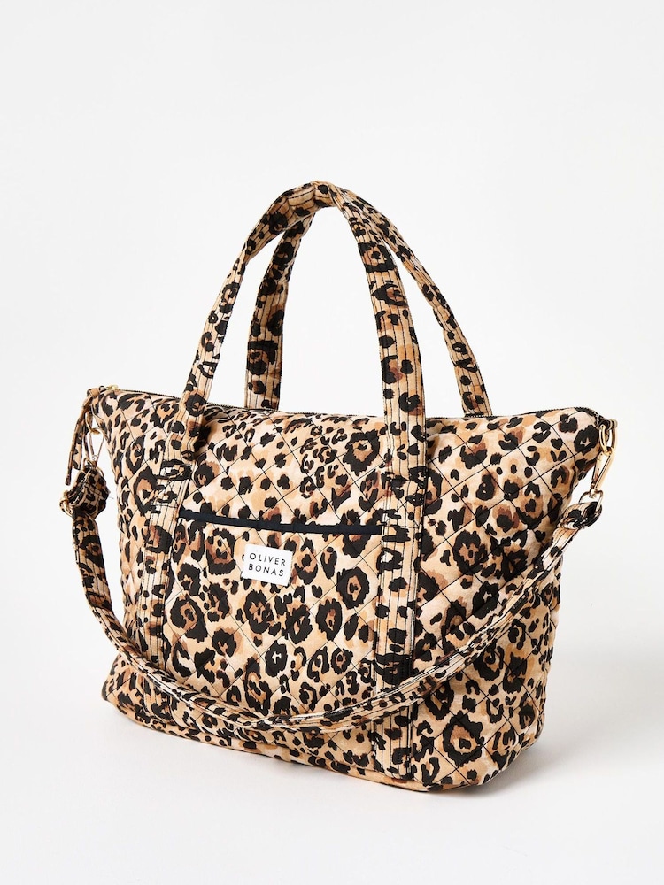 Oliver Bonas Brown Becky Leopard Print Quilted Weekend 100% Cotton Bag - Image 2 of 7 Oliver Bonas Brown Becky Leopard Print Quilted Weekend 100% Cotton Bag - Image 2 of 7