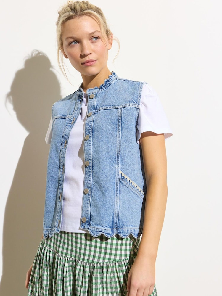 Oliver Bonas Blue Scalloped Denim 100% Cotton Waistcoat - Image 2 of 7