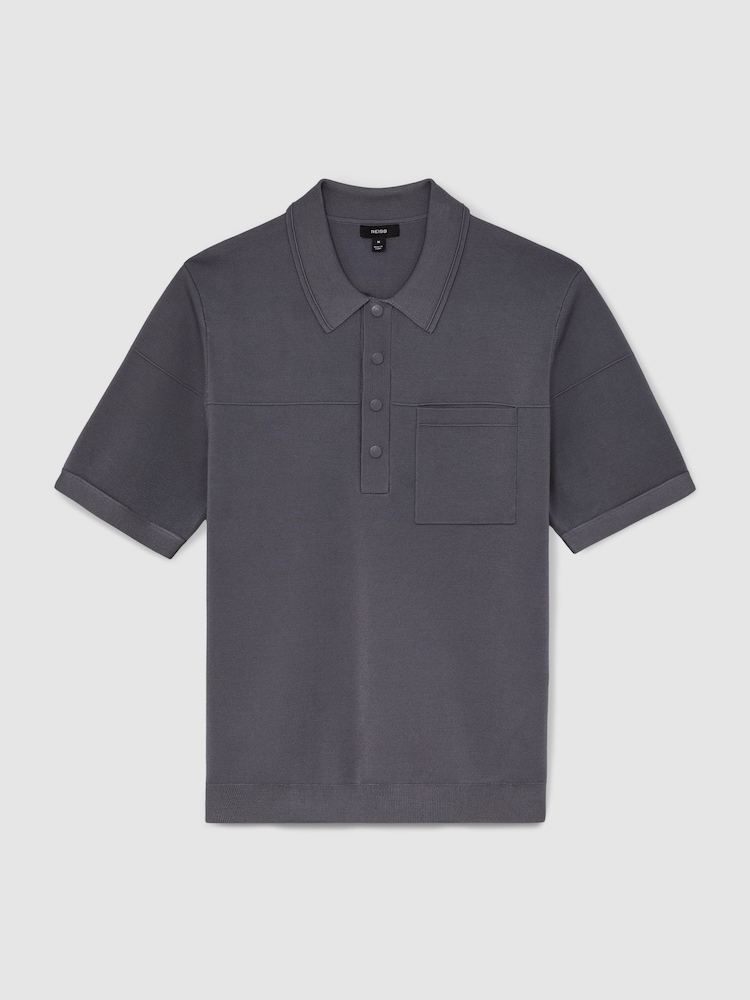 Reiss Airforce Blue Blinker Press-Stud Seam-Detail Polo Shirt - Image 2 of 6