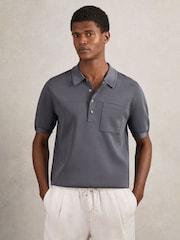 Reiss Airforce Blue Blinker Press-Stud Seam-Detail Polo Shirt - Image 3 of 6