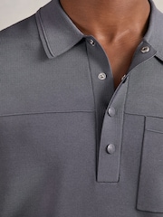 Reiss Airforce Blue Blinker Press-Stud Seam-Detail Polo Shirt - Image 4 of 6