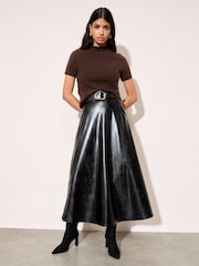 Friends Like These Black Faux Leather Belted Hem Midi Skirt - Image 3 of 4