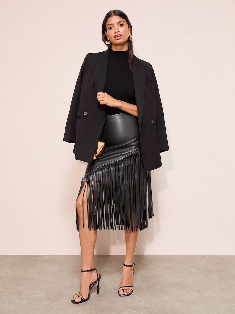 Friends Like These Black Faux Leather Fringed Midi Skirt - Image 2 of 4