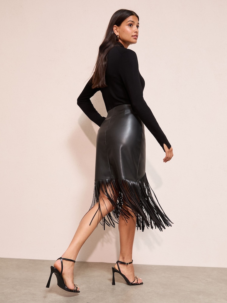 Friends Like These Black Faux Leather Fringed Midi Skirt - Image 4 of 4