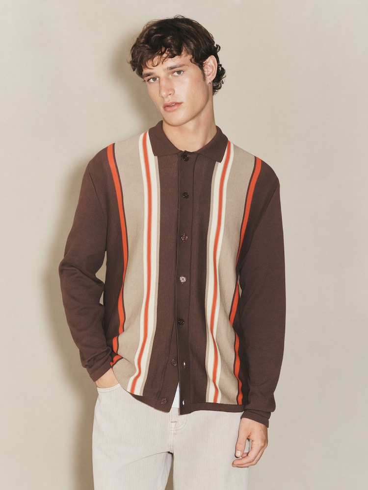 Brown EDIT Striped Long Sleeve Button Through Cardigan - Image 1 of 8