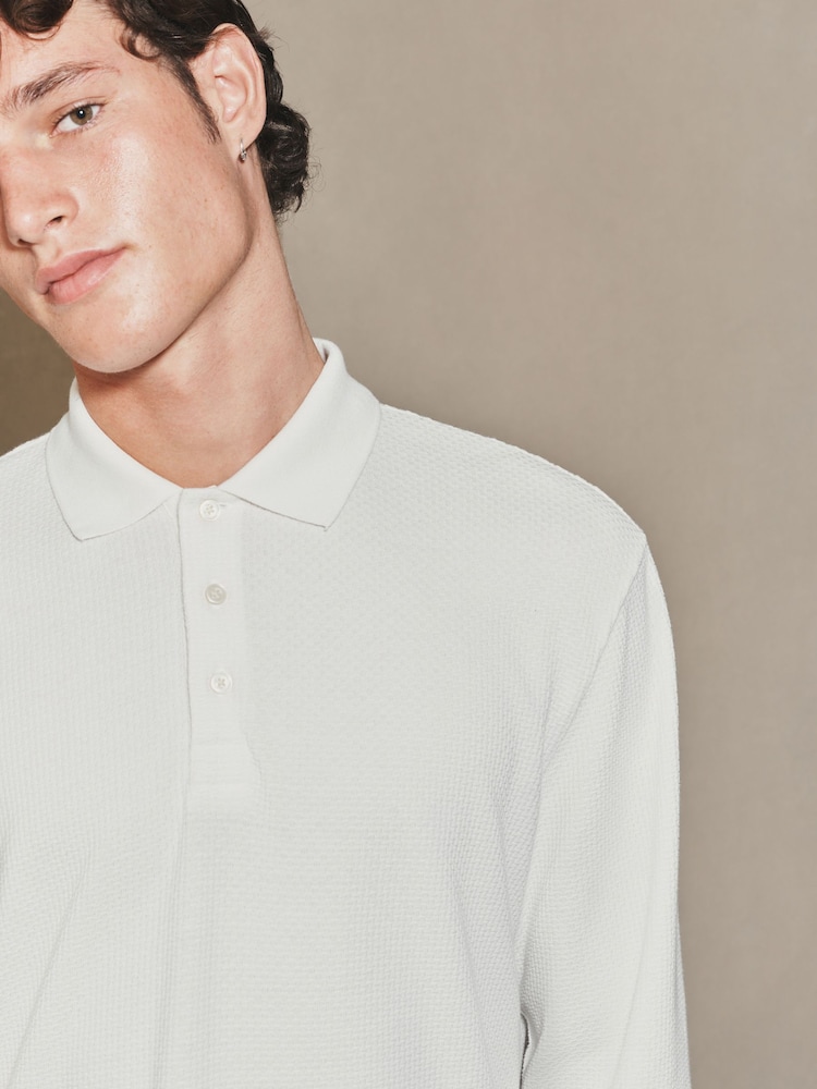 Ecru White EDIT Long Sleeve Textured Polo Shirt - Image 1 of 4 Ecru White EDIT Long Sleeve Textured Polo Shirt - Image 1 of 4