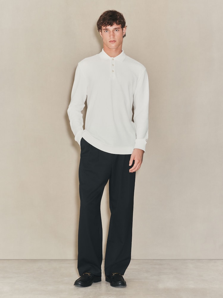 Ecru White EDIT Long Sleeve Textured Polo Shirt - Image 2 of 4 Ecru White EDIT Long Sleeve Textured Polo Shirt - Image 2 of 4
