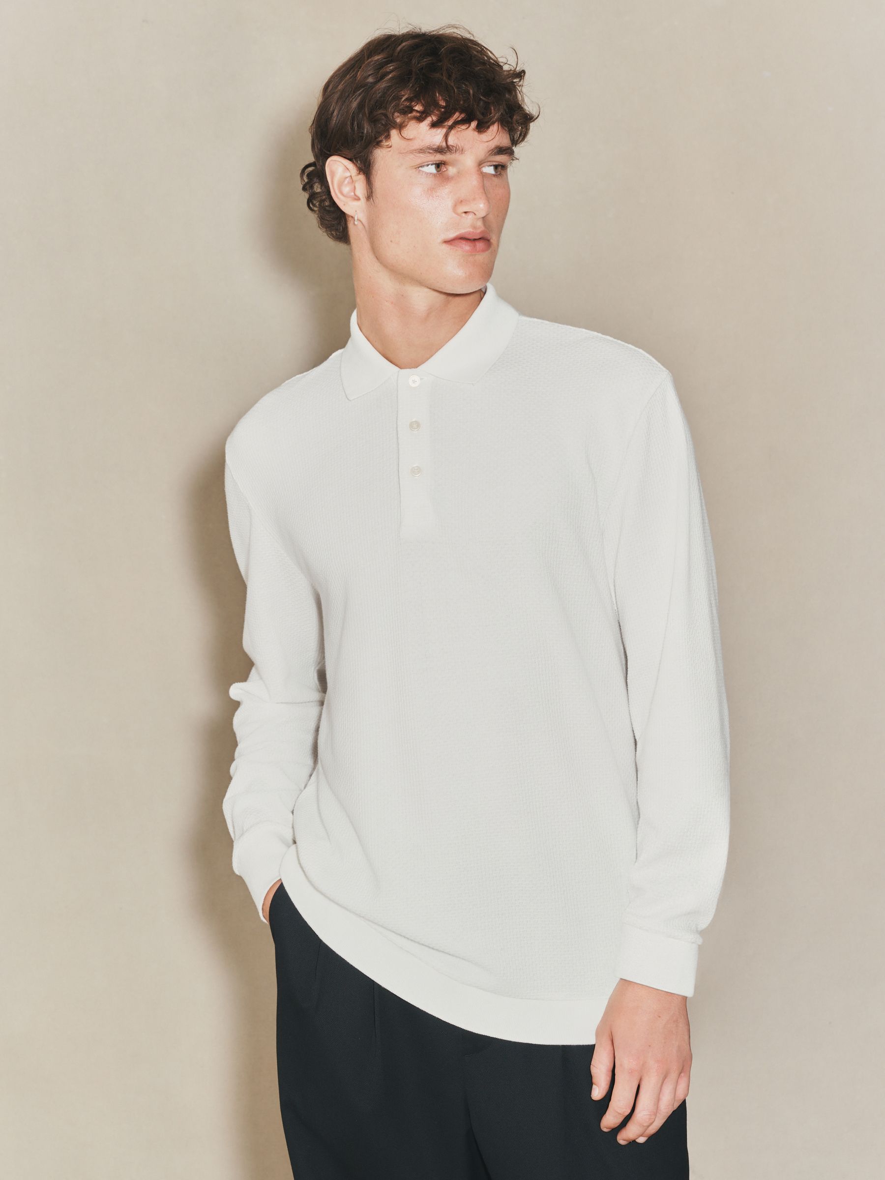 Buy Ecru White EDIT Long Sleeve Textured Polo Shirt from the Next