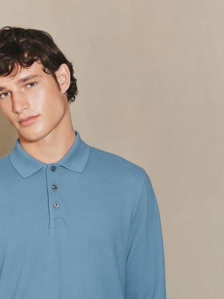 Blue EDIT Long Sleeve Textured Polo Shirt - Image 1 of 4 Blue EDIT Long Sleeve Textured Polo Shirt - Image 1 of 4