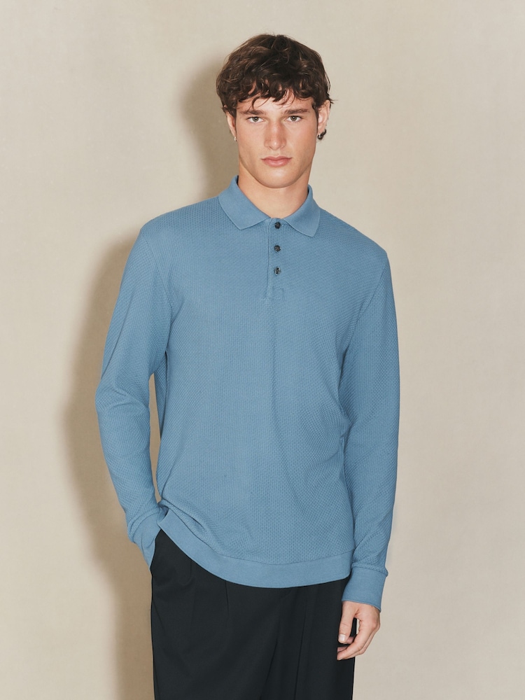 Blue EDIT Long Sleeve Textured Polo Shirt - Image 2 of 4 Blue EDIT Long Sleeve Textured Polo Shirt - Image 2 of 4
