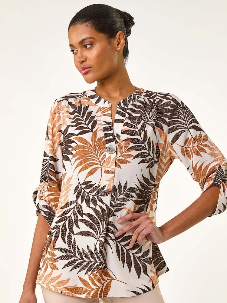Roman Leaf Print V-Neck Stretch Blouse - Image 1 of 5