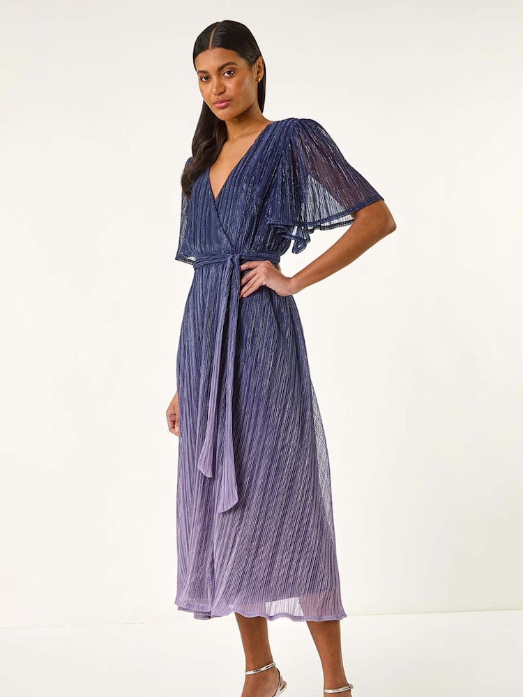 Blau - Roman Ombre Plisse Midi Wrap Dress - Bild 2 von 5 Blau - Roman Ombre Plisse Midi Wrap Dress - Bild 2 von 5