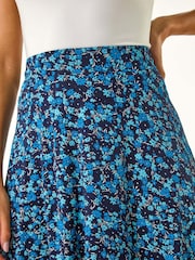 Roman Blue Floral Print Stretch Skater Skirt - Image 5 of 5