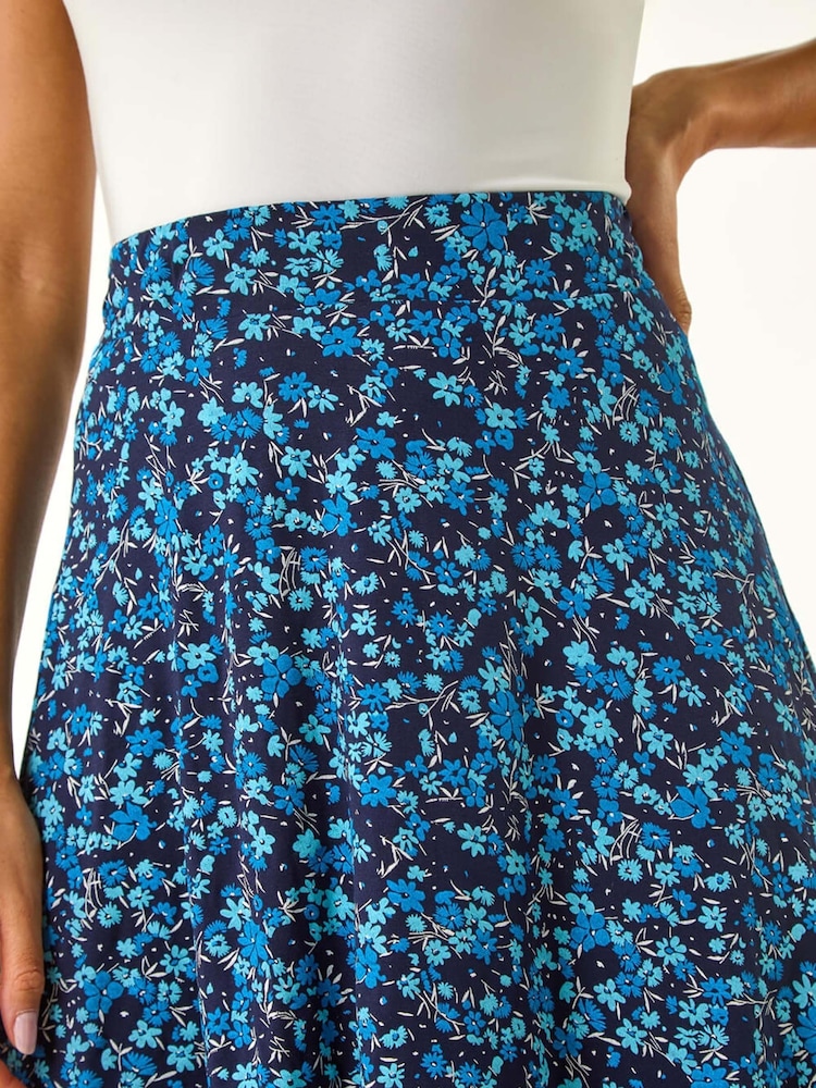 Roman Blue Floral Print Stretch Skater Skirt - Image 5 of 5