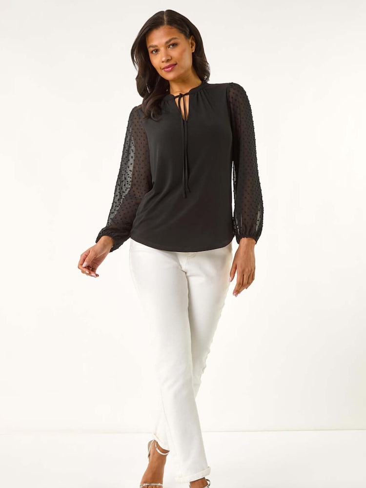 Roman Black Dobby Spot Tie Neck Mesh Top - Image 1 of 5
