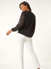 Roman Black Dobby Spot Tie Neck Mesh Top - Image 3 of 5