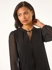 Roman Black Dobby Spot Tie Neck Mesh Top - Image 4 of 5