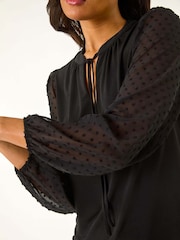 Roman Black Dobby Spot Tie Neck Mesh Top - Image 5 of 5