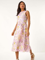 Roman Pink Floral Print Pleat Neck Midi Dress - Image 1 of 5