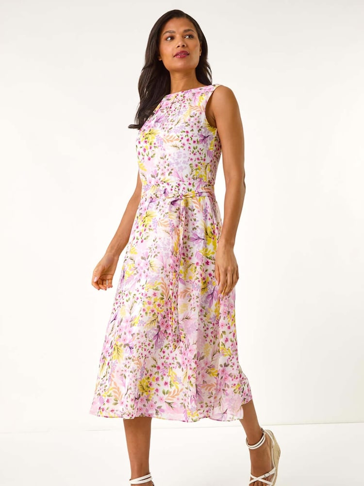 Roman Pink Floral Print Pleat Neck Midi Dress - Image 1 of 5