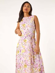 Roman Pink Floral Print Pleat Neck Midi Dress - Image 2 of 5