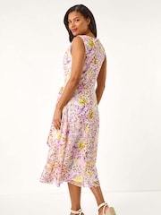 Roman Pink Floral Print Pleat Neck Midi Dress - Image 3 of 5