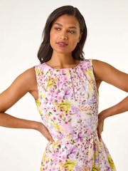 Roman Pink Floral Print Pleat Neck Midi Dress - Image 4 of 5