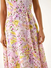 Roman Pink Floral Print Pleat Neck Midi Dress - Image 5 of 5