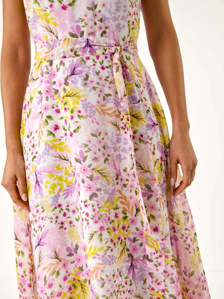 Roman Pink Floral Print Pleat Neck Midi Dress - Image 5 of 5