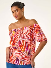 Roman Red Floral Print Bardot Stretch Top - Image 1 of 5
