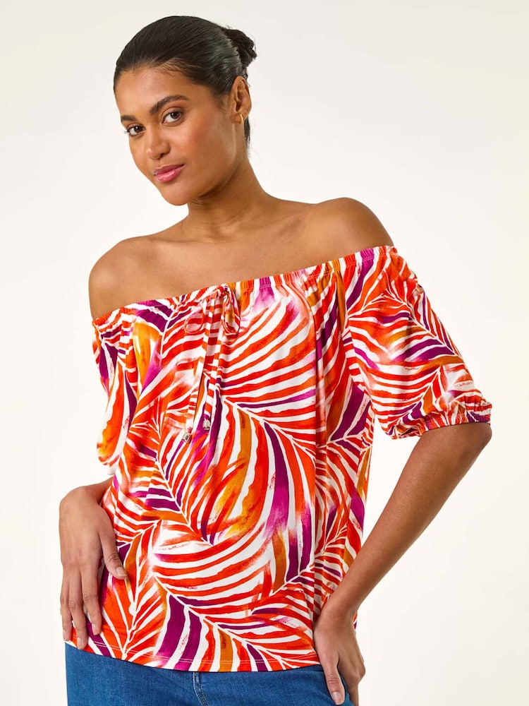 Roman Red Floral Print Bardot Stretch Top - Image 1 of 5