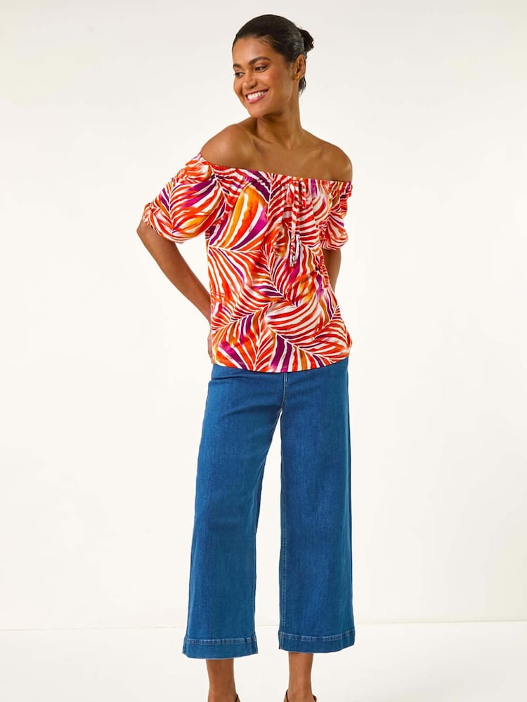 Roman Red Floral Print Bardot Stretch Top - Image 2 of 5