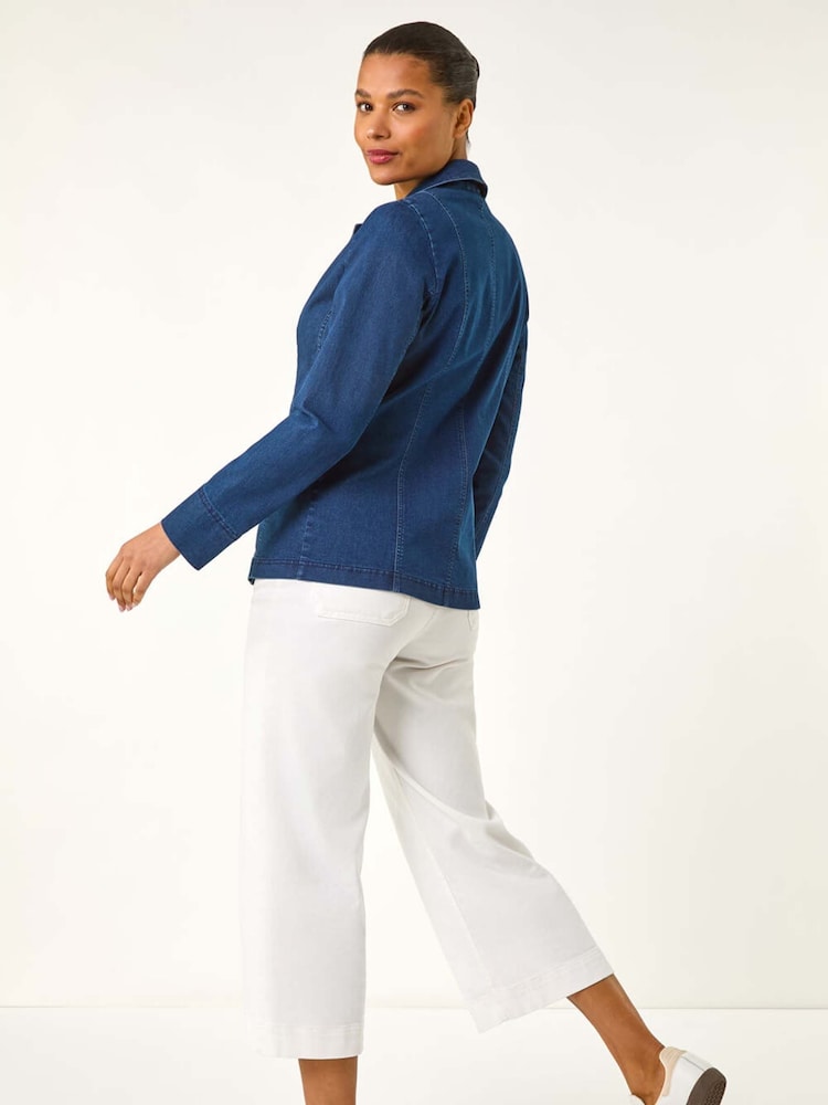 Roman Blue Denim Collar Stretch Blazer - Image 2 of 5 Roman Blue Denim Collar Stretch Blazer - Image 2 of 5